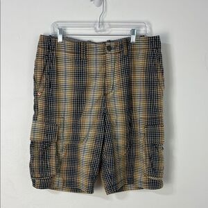 Tommy Bahama Mens 34 Tan & Navy Plaid‎ Cargo Bermuda Shorts Vacation Resortwear